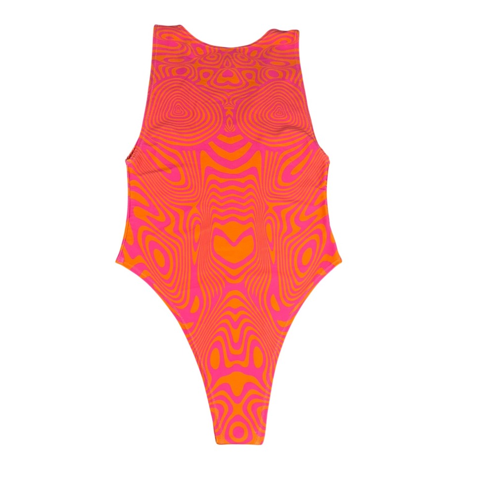Freedom Rave Wear High Neck Side Boob Bodysuit Pink Orange Psychedelic Women's S